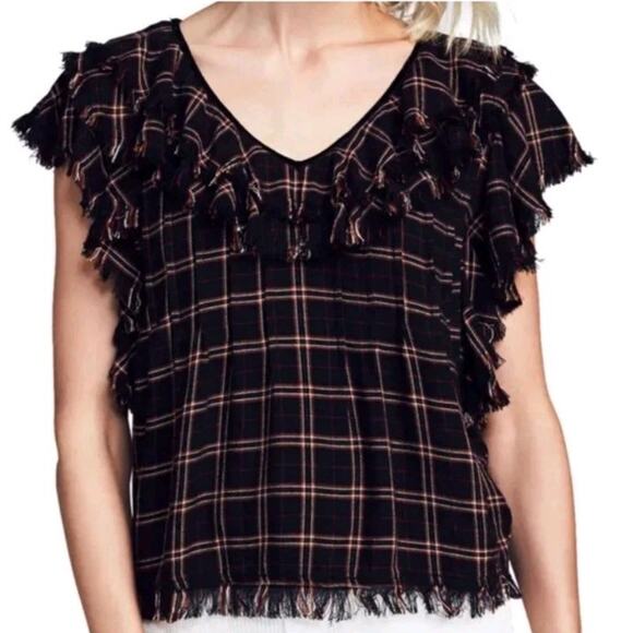 FAHERTY YOSEPHA LINEN BLOUSE WOMEN'S Sz X-SMALL RED BLACK RUFFLE V-neck TOP - Picture 1 of 8